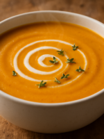 tigela de sopa de pera e abóbora cremosa cor laranja com fio de creme e tomilho fresco