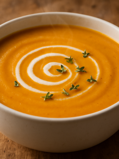 tigela de sopa de pera e abóbora cremosa cor laranja com fio de creme e tomilho fresco