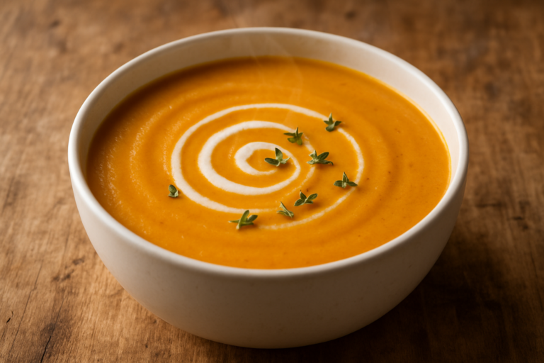 tigela de sopa de pera e abóbora cremosa cor laranja com fio de creme e tomilho fresco