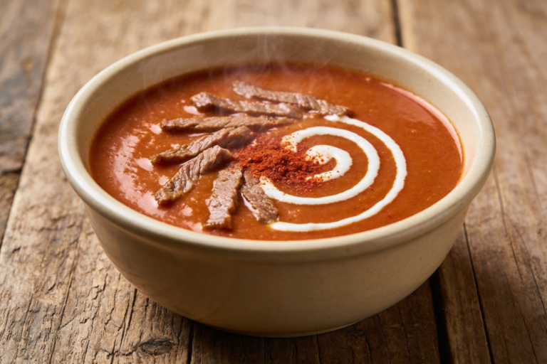 Sopa Eslava cremosa servida em tigela de cerâmica com tiras de carne e toque de páprica