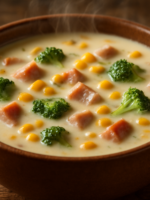 sopa inglesa cremosa em molheira branca, molho rosado com maionese e catchup pronto para servir