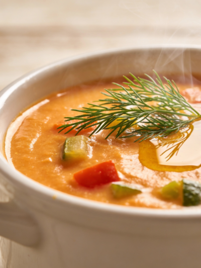 tigela de sopa para dietas com legumes coloridos, cremosa e saudável