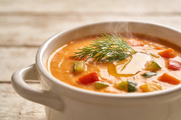 tigela de sopa para dietas com legumes coloridos, cremosa e saudável