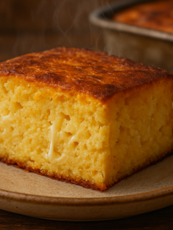 Fatia de Sopa Paraguaya tradicional com queijo e fubá, dourada por fora e cremosa por dentro