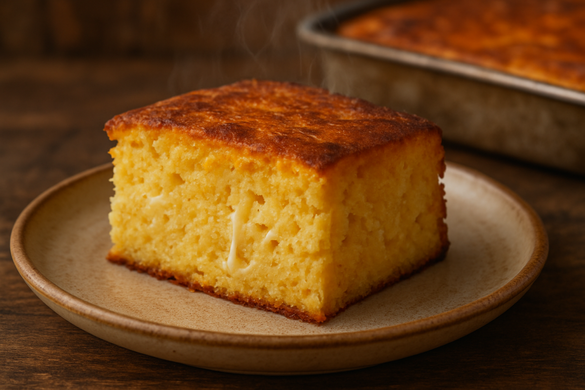 Fatia de Sopa Paraguaya tradicional com queijo e fubá, dourada por fora e cremosa por dentro