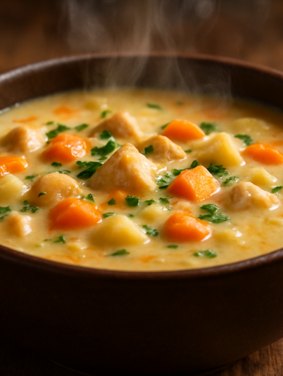 Sopa rápida de inverno: creme de batata com bacon crocante e parmesão servido em tigela de cerâmica