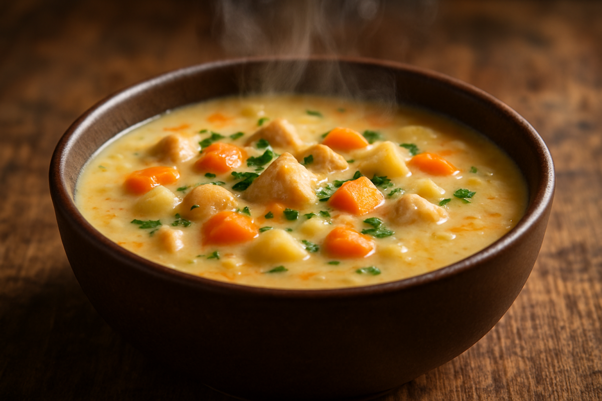Sopa rápida de inverno: creme de batata com bacon crocante e parmesão servido em tigela de cerâmica