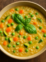 Sopa Seca de Legumes cremosa com arroz arbóreo, cenoura, abobrinha e ervilha em prato fundo de cerâmica