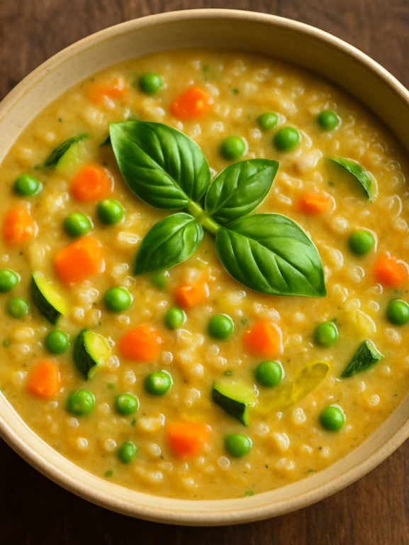 Sopa Seca de Legumes cremosa com arroz arbóreo, cenoura, abobrinha e ervilha em prato fundo de cerâmica