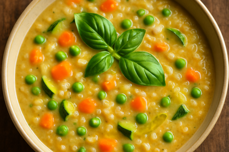 Sopa Seca de Legumes cremosa com arroz arbóreo, cenoura, abobrinha e ervilha em prato fundo de cerâmica