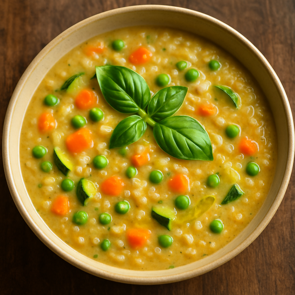 Sopa Seca de Legumes cremosa com arroz arbóreo, cenoura, abobrinha e ervilha em prato fundo de cerâmica