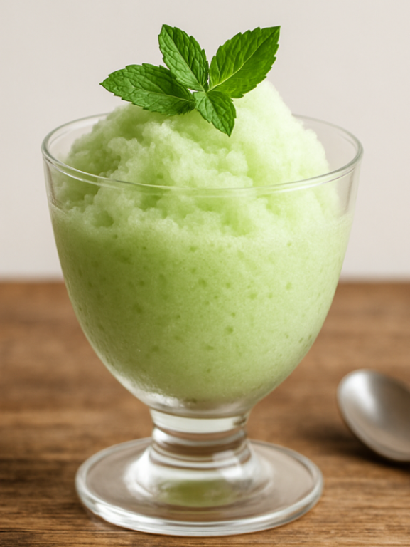 sorbet de hortelã geladinho saudável em taça de vidro decorado com folhas frescas de hortelã