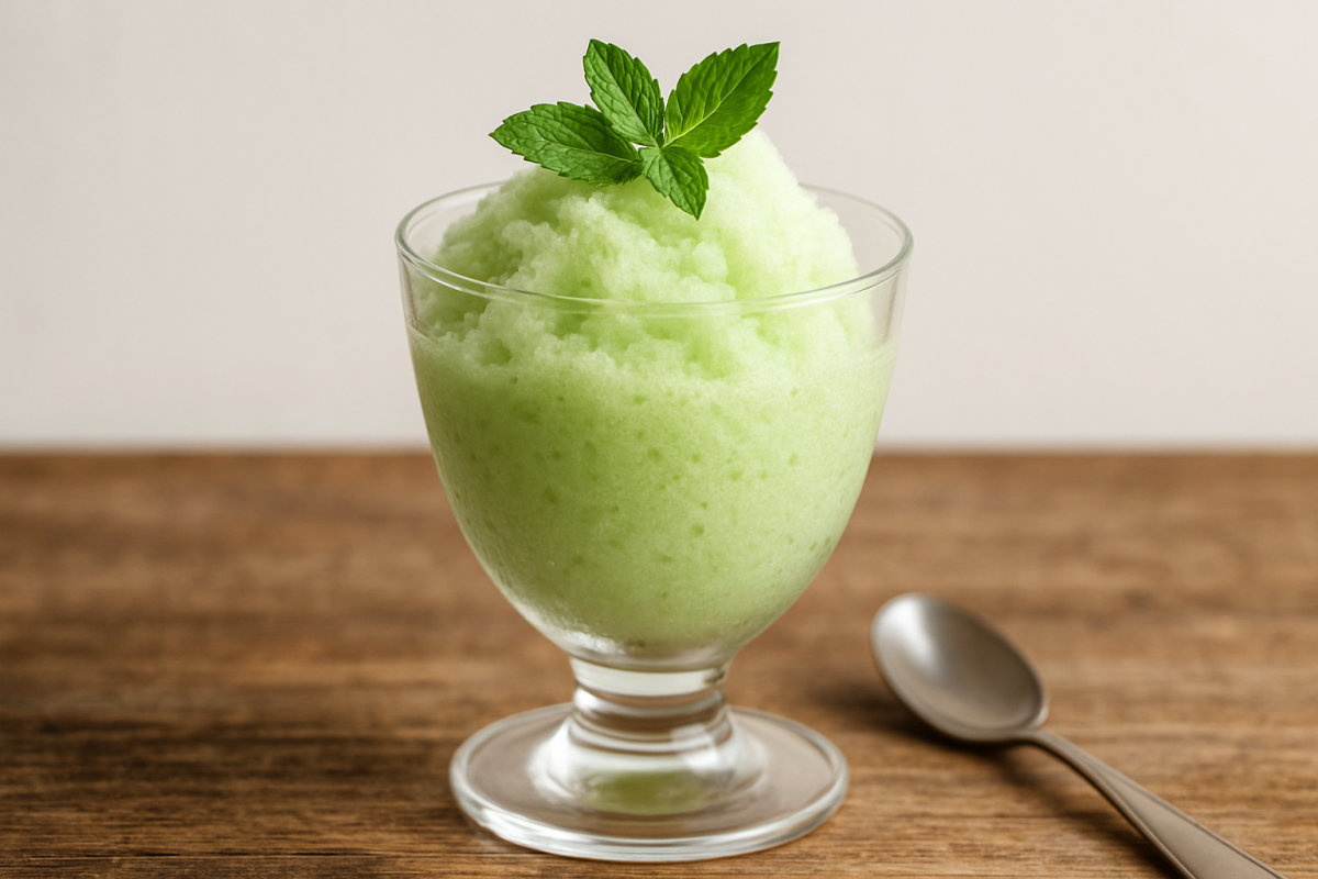 sorbet de hortelã geladinho saudável em taça de vidro decorado com folhas frescas de hortelã