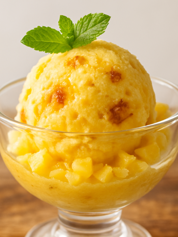 sorvete de abacaxi cremoso em taça de vidro com pedaços de fruta e folha de hortelã