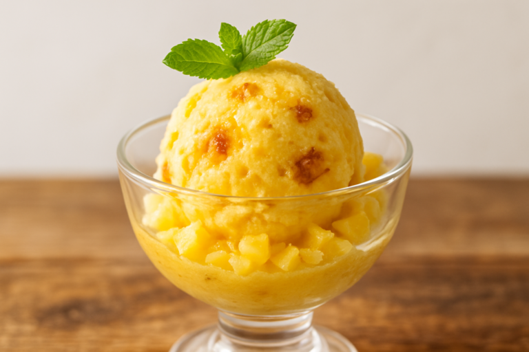 sorvete de abacaxi cremoso em taça de vidro com pedaços de fruta e folha de hortelã