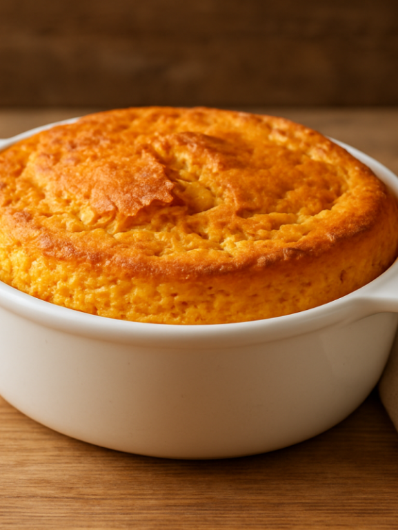 soufle de cenoura fofinho dourado em refratário branco saindo do forno
