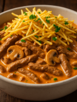 Strogonoff de carne cremoso com champignon e batata palha servido em tigela branca