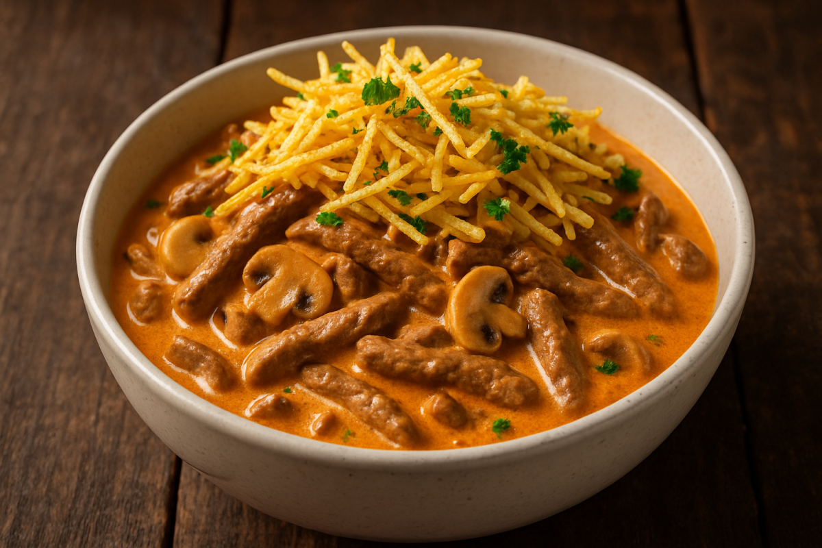 Strogonoff de carne cremoso com champignon e batata palha servido em tigela branca