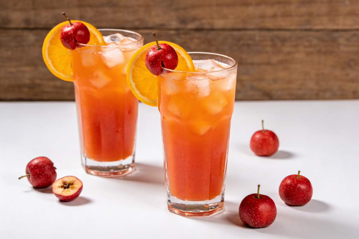 Suco de laranja com acerola gelado servido em copo de vidro com gelo e rodela de laranja