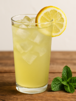 copo de suco de limão gelado com rodela de limão e cubos de gelo