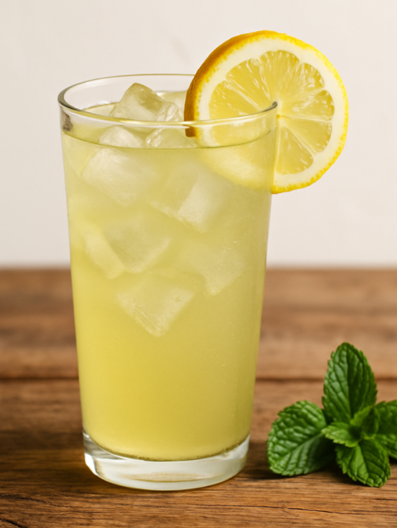 copo de suco de limão gelado com rodela de limão e cubos de gelo