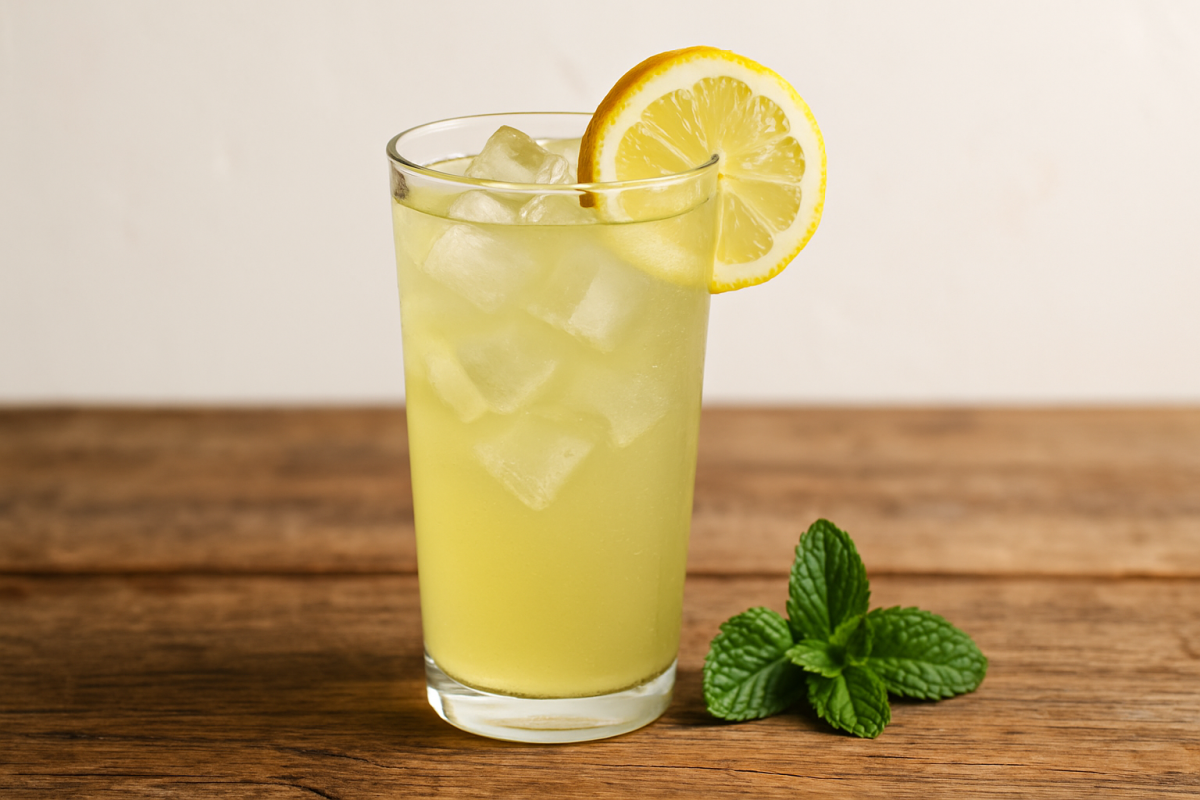 copo de suco de limão gelado com rodela de limão e cubos de gelo