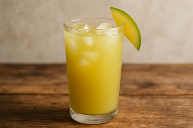 Copo de suco de manga verde gelado com cubos de gelo e fatia de manga na borda