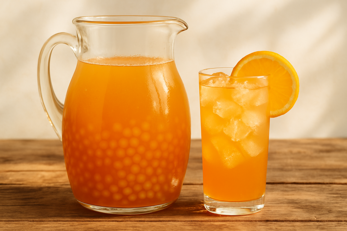 jarra de suco de verão com sagu e laranja, bebida brasileira refrescante com bolinhas translúcidas