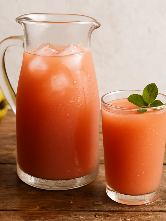 Suco Especial de goiaba e maçã em jarra de vidro com gelo e hortelã