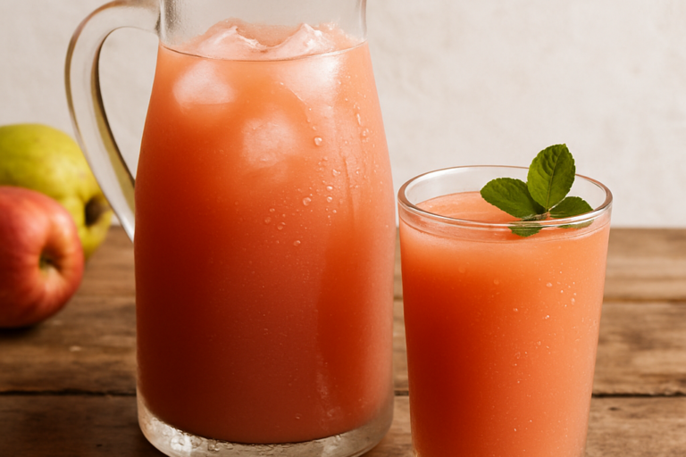 Suco Especial de goiaba e maçã em jarra de vidro com gelo e hortelã