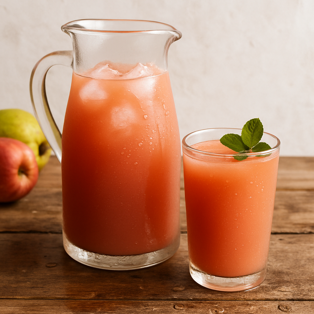 Suco Especial de goiaba e maçã em jarra de vidro com gelo e hortelã