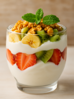 taça fitness com iogurte grego, frutas frescas coloridas e granola crocante servida em taça de vidro
