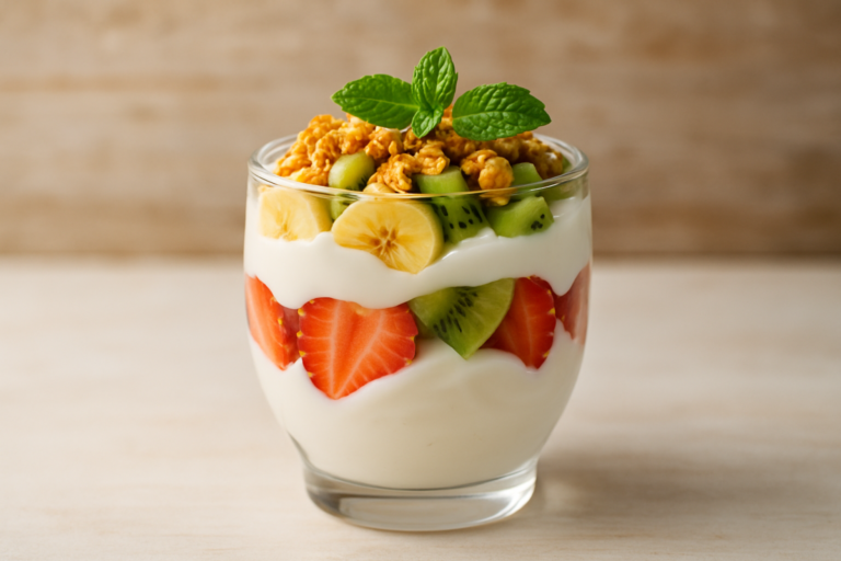 taça fitness com iogurte grego, frutas frescas coloridas e granola crocante servida em taça de vidro