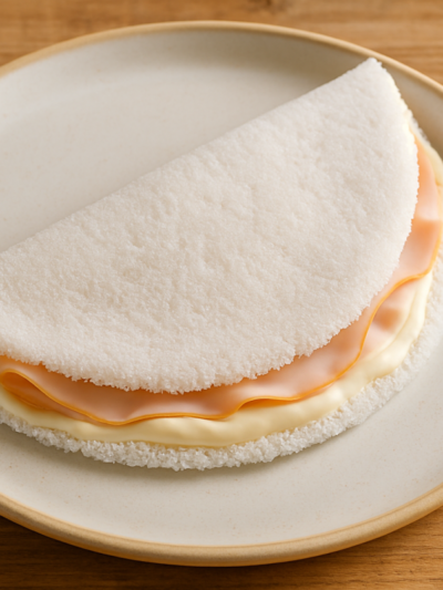 tapioca sem açúcar para lanche recheada com requeijão e peito de peru em prato branco