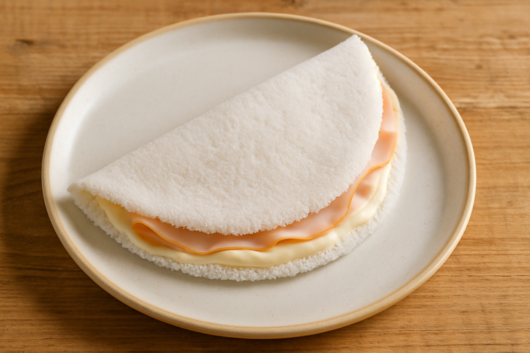tapioca sem açúcar para lanche recheada com requeijão e peito de peru em prato branco