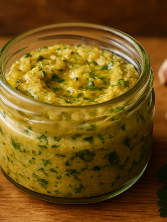 tempero caseiro saboroso e saudável em pote de vidro com alho, salsa e ervas