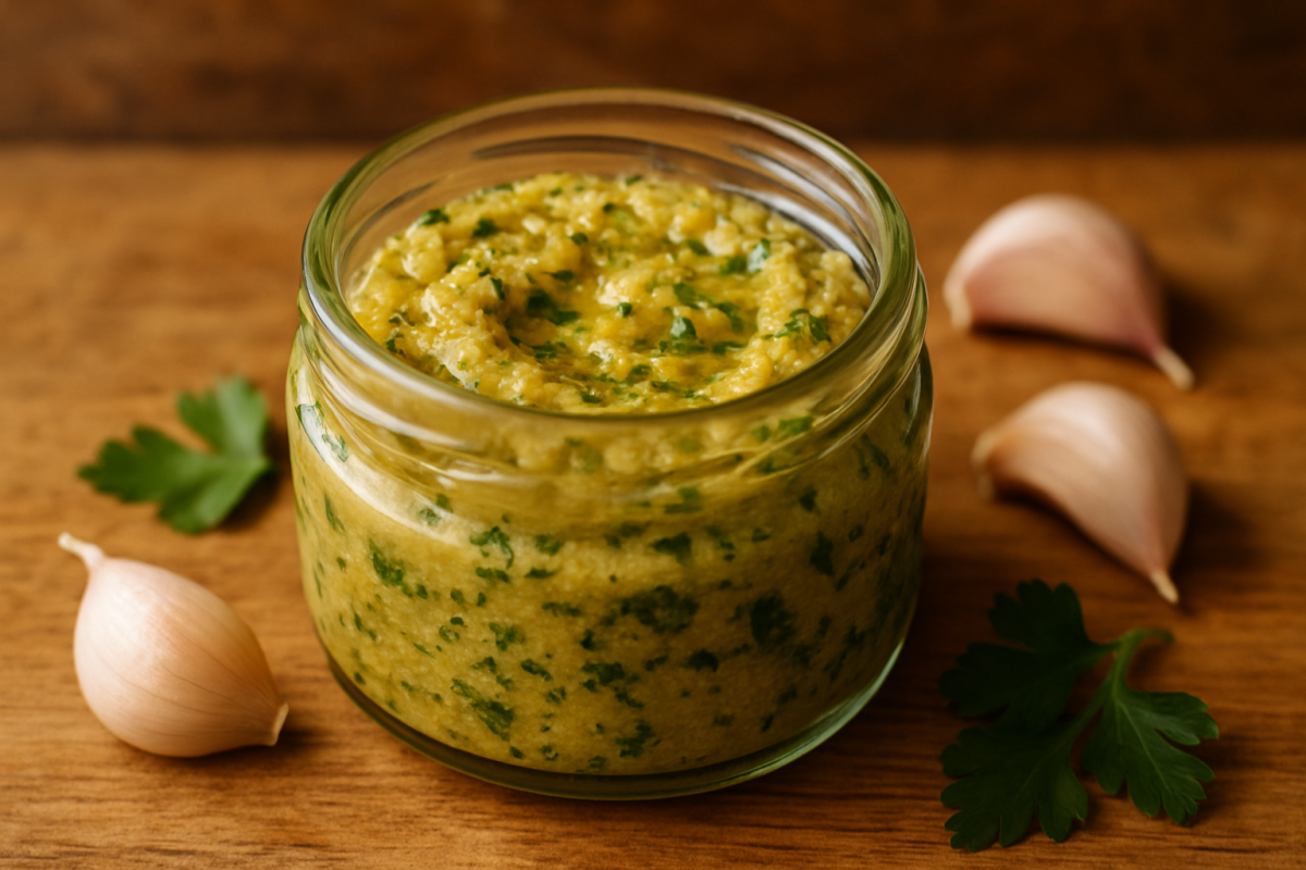 tempero caseiro saboroso e saudável em pote de vidro com alho, salsa e ervas
