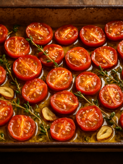 tomate confit com tomates-cereja suculentos em azeite com alho e tomilho em assadeira rústica