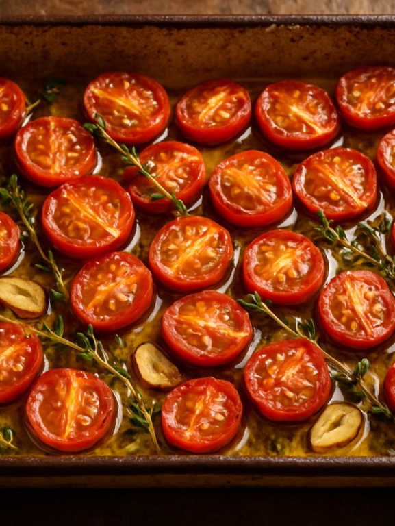 tomate confit com tomates-cereja suculentos em azeite com alho e tomilho em assadeira rústica