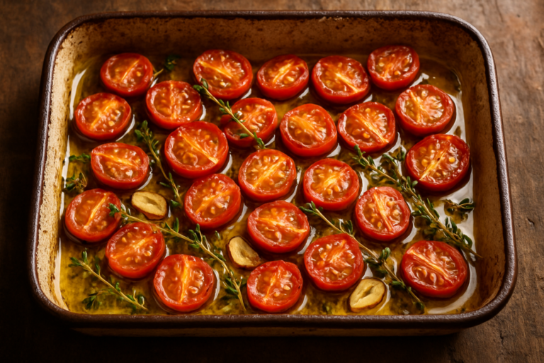 tomate confit com tomates-cereja suculentos em azeite com alho e tomilho em assadeira rústica