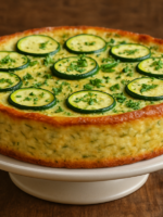 Fatia de torta de abobrinha cremosa em prato branco, com massa dourada e recheio de legumes frescos visíveis