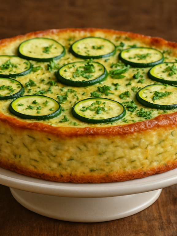 Fatia de torta de abobrinha cremosa em prato branco, com massa dourada e recheio de legumes frescos visíveis