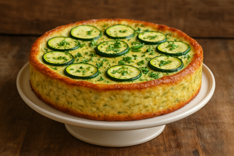 Fatia de torta de abobrinha cremosa em prato branco, com massa dourada e recheio de legumes frescos visíveis