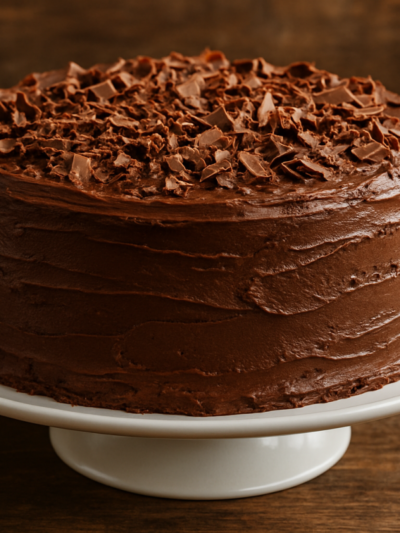 Fatia de torta de chocolate da vovó com recheio de brigadeiro cremoso e granulado, servida em prato branco