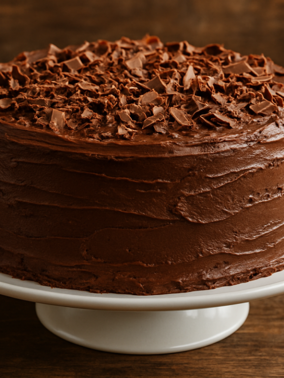 Fatia de torta de chocolate da vovó com recheio de brigadeiro cremoso e granulado, servida em prato branco