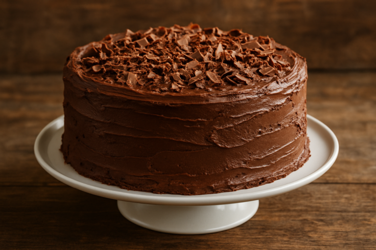 Fatia de torta de chocolate da vovó com recheio de brigadeiro cremoso e granulado, servida em prato branco