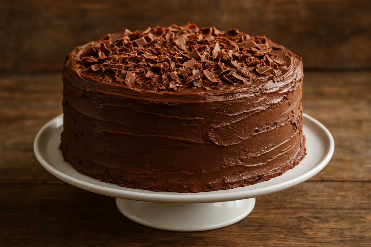 Fatia de torta de chocolate da vovó com recheio de brigadeiro cremoso e granulado, servida em prato branco