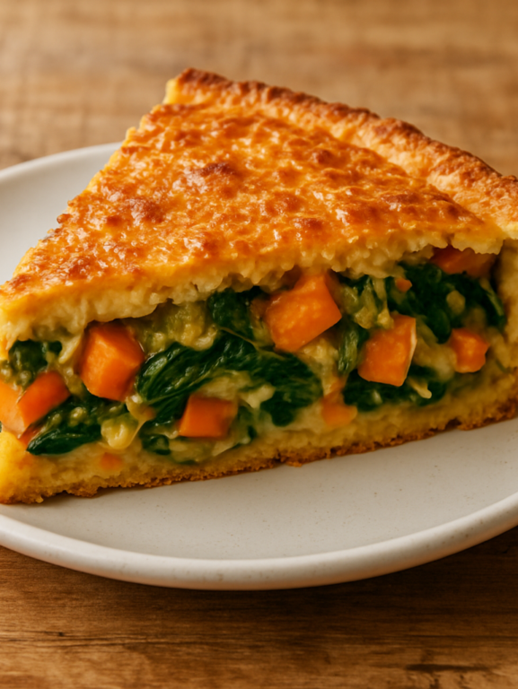 Fatia de torta de escarola e cenoura caseira com superfície dourada e queijo gratinado em prato branco
