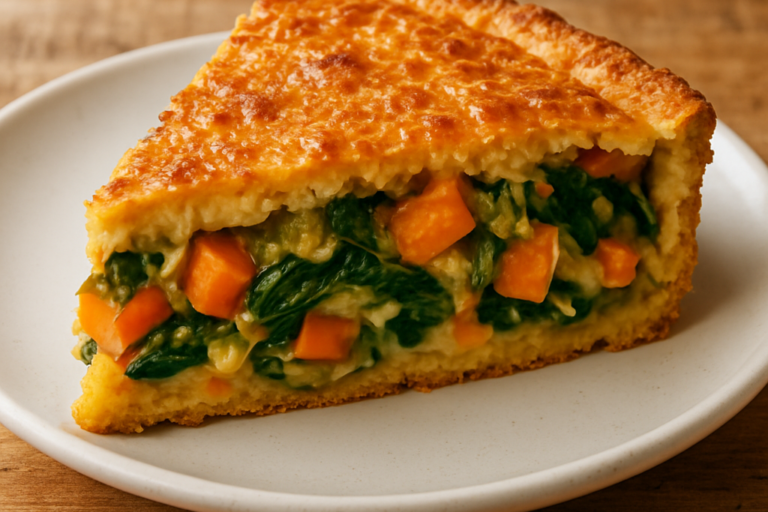 Fatia de torta de escarola e cenoura caseira com superfície dourada e queijo gratinado em prato branco