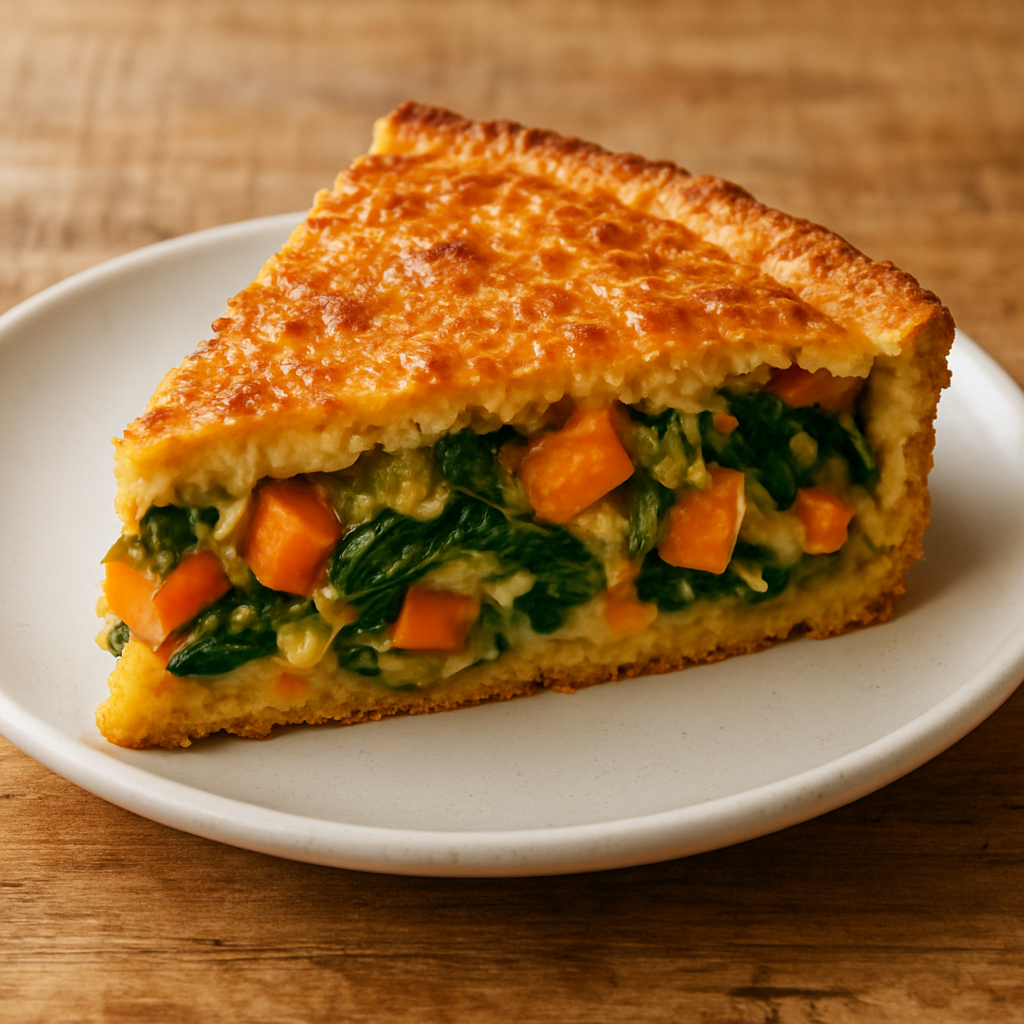 Fatia de torta de escarola e cenoura caseira com superfície dourada e queijo gratinado em prato branco